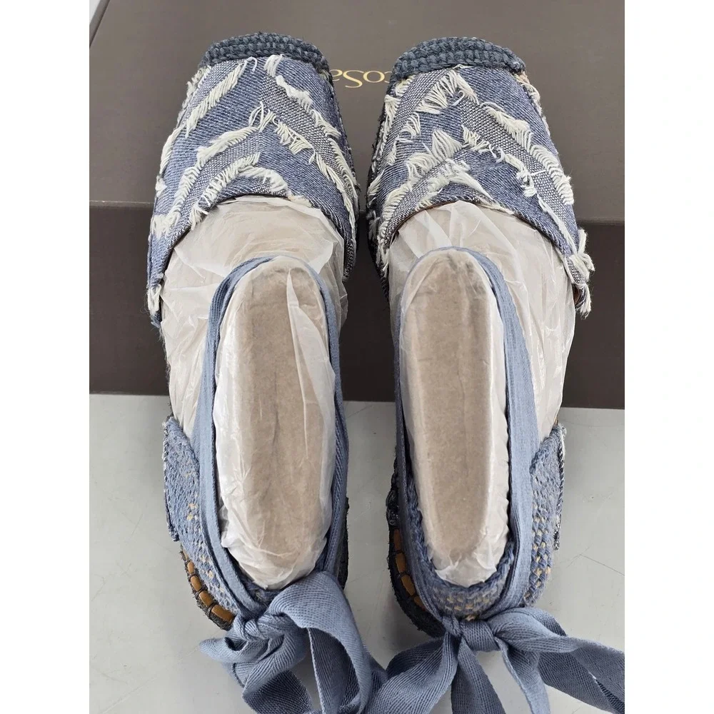 Franco Sarto L-Britney Espadrille Sandals Womens 7.5 Blue Denim Wedge Tie -New